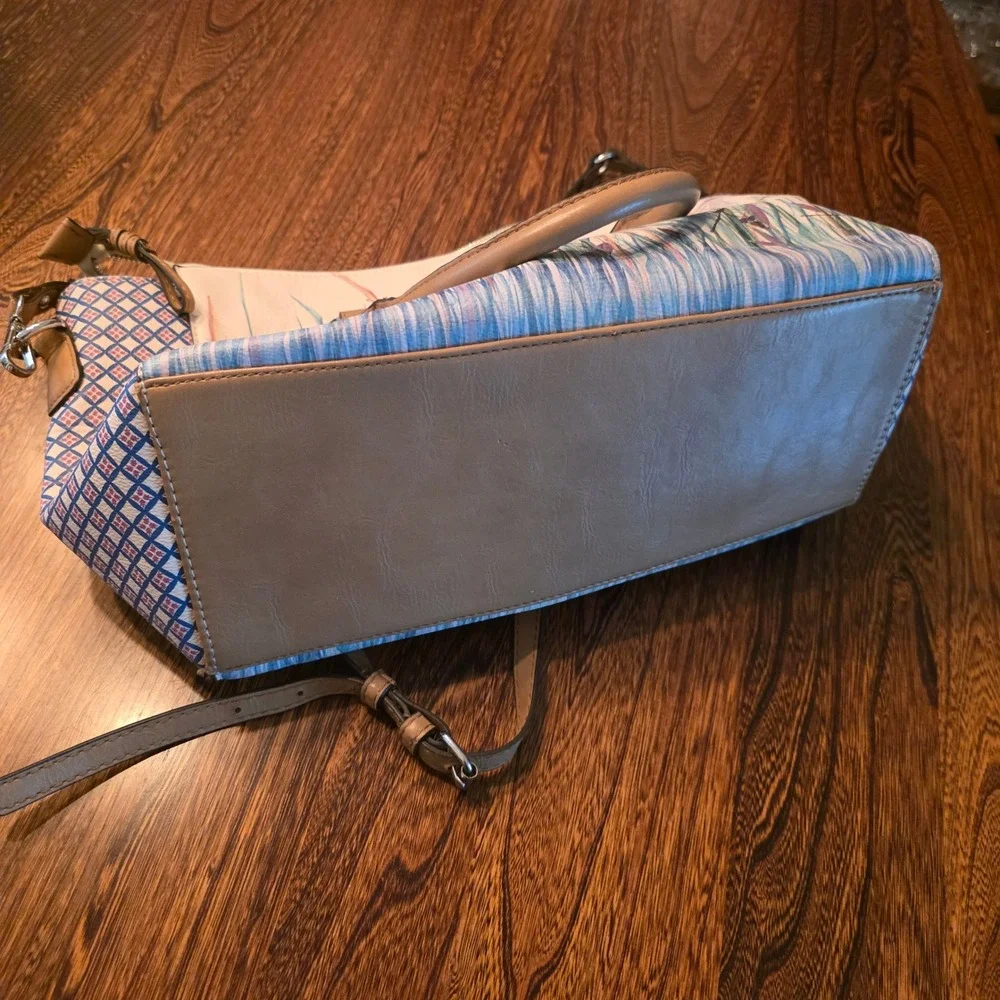 Parfois Dragonfly Nature Print Satchel Crossbody Bag Tan Blue White Cottagecore